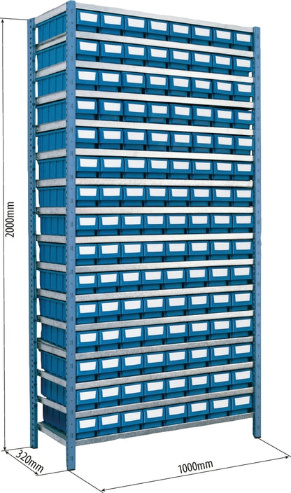 Etagère avec 120 boîtes à bec et 360 séparations 2000x1000x320mm