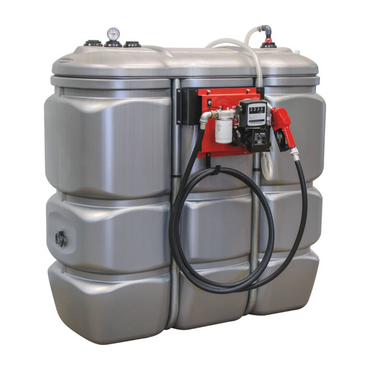 Cuve de stockage gasoil PEHD 1500L double paroi avec station à gasoil 230V 60 l/min et pistolet automatique/compteur/filtre