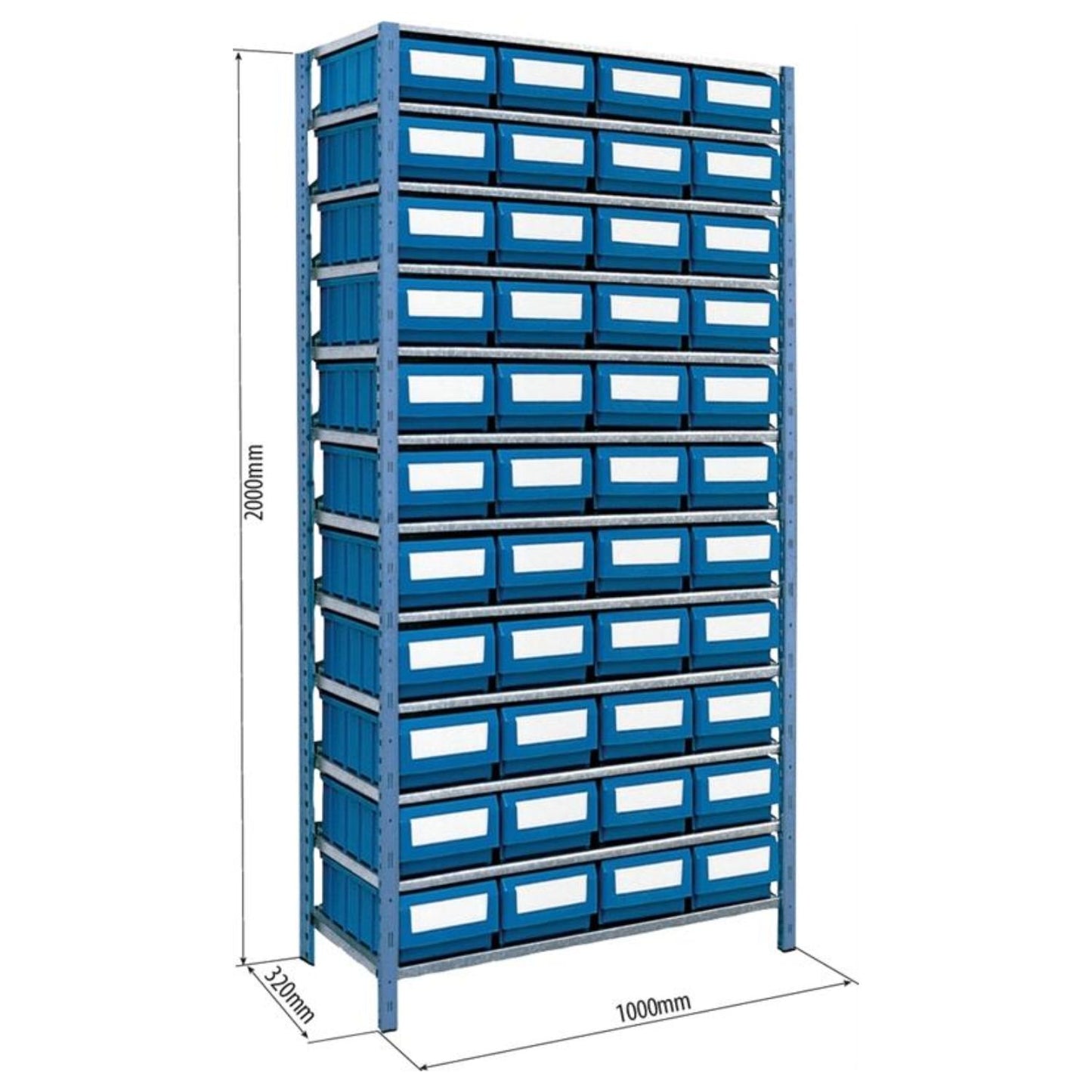 Etagère avec 44 boîtes à bec et 130 séparations 2000x1000x320mm